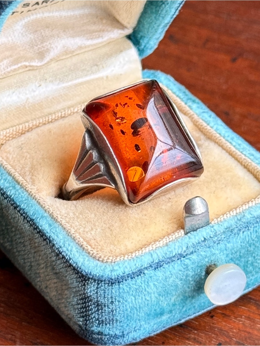 Vintage Sterling Silver & Amber Statement Ring;; Size 6.5 US